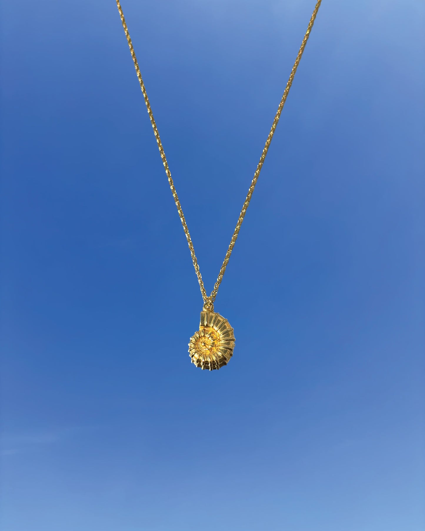 Silhouette Spark KAIA necklace 金色鸚鵡螺貝殼吊墜項鍊，金色鍊條，藍天背景