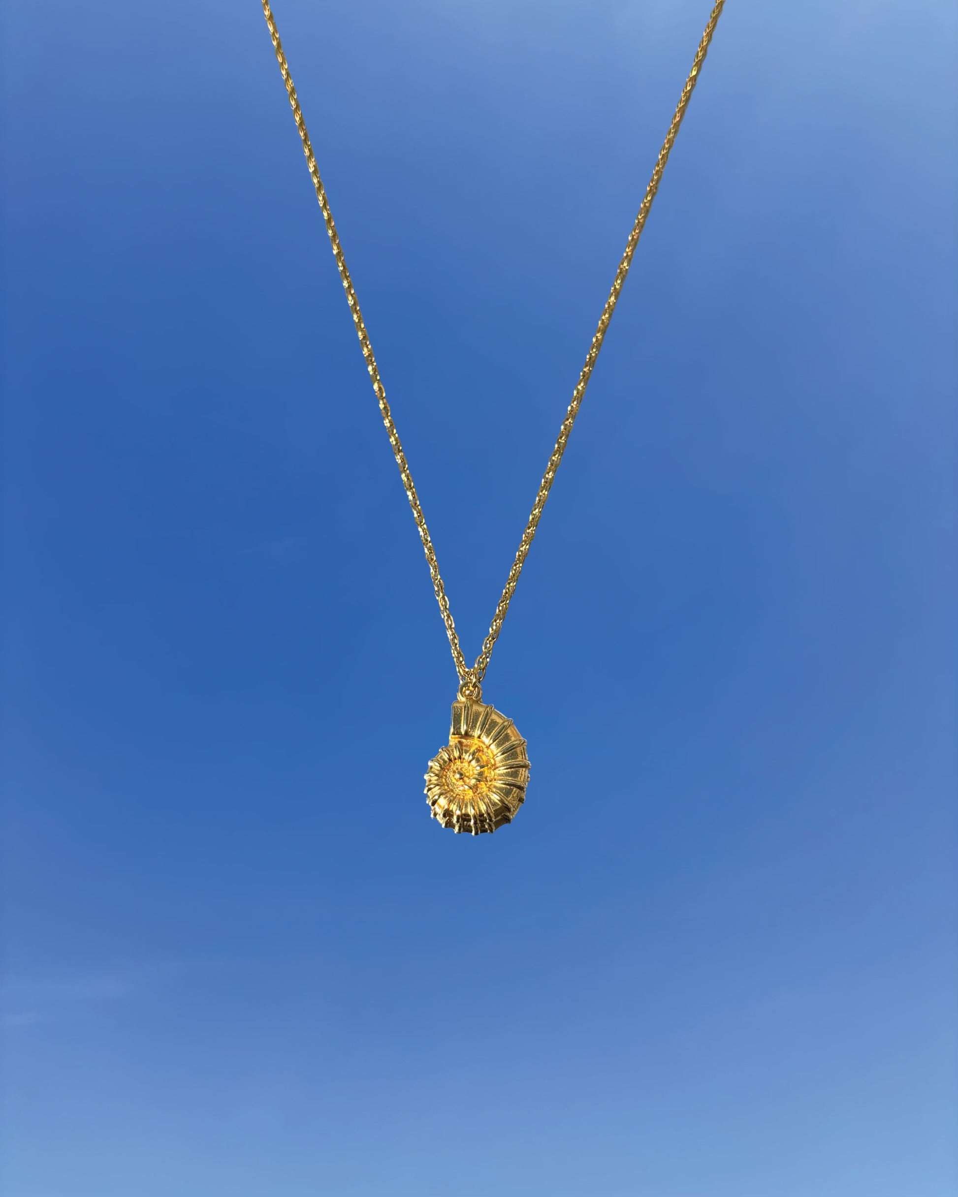 Silhouette Spark KAIA necklace 金色鸚鵡螺貝殼吊墜項鍊，金色鍊條，藍天背景
