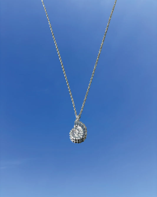 Silhouette Spark KAIA necklace 銀色鸚鵡螺貝殼吊墜項鍊，銀色鍊條，藍天背景